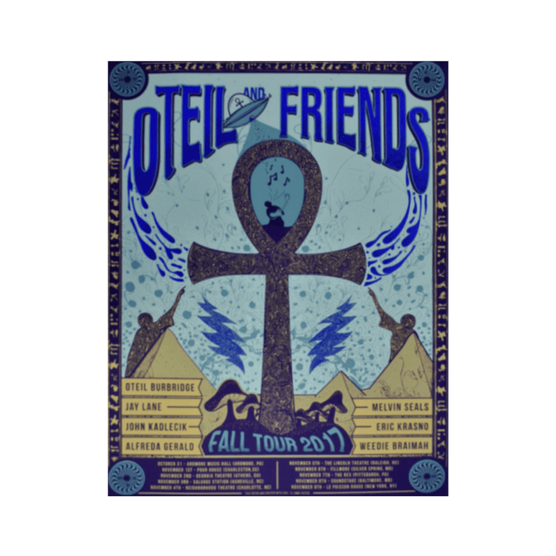 Vintage-style concert poster for Oteil & Friends Fall Tour 2017, featuring purple ankh symbol with blue wings, lightning bolts, and Egyptian pyramids. Band names and tour dates listed on blue background with ornate border design.