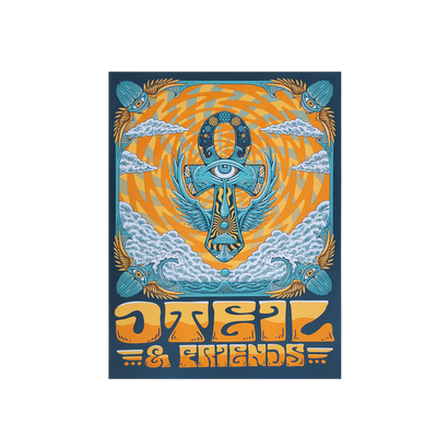 Psychedelic concert poster featuring Oteil & Friends with vibrant orange background, blue winged scarab beetle design, and stylized text. Eye-catching artwork combines Egyptian and modern motifs for 2022 Neptune Seattle show.