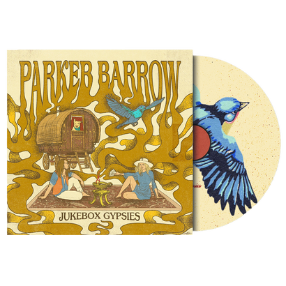 PB Jukebox Gypsies - Standard CD album cover featuring colorful artwork of a gypsy caravan, blue bird, and figures surrounded by golden flames. Includes CD with blue bird design.