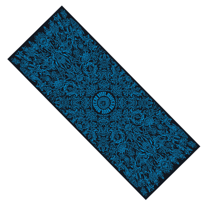 Vibrant blue Hula Pashmina scarf with intricate black floral pattern and circular design at one end, showcasing luxurious texture and elegant style, perfect for draping or wearing as a shawl