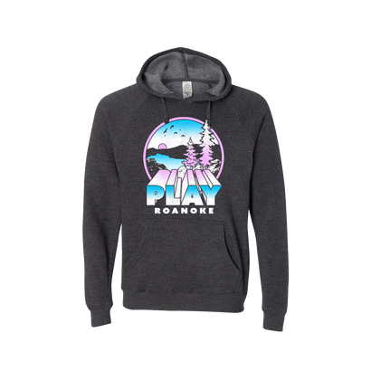 Charcoal heather hoodie featuring colorful Roanoke Carvins Cove graphic with mountains, trees, and PLAY Roanoke text. Unisex slim fit design with front pocket and drawstring hood.