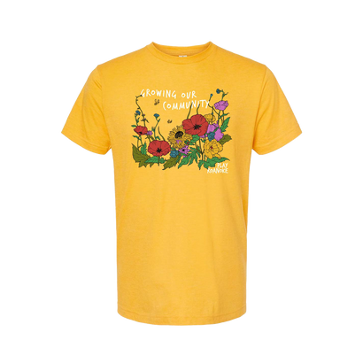 Play Roanoke Growing Our Community on a Heather Mellow Yellow t-shirt