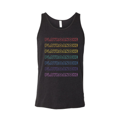 Play Roanoke Repeat Rainbow Graphic on a Black Heather Tank Top