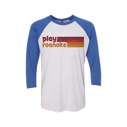 Play Roanoke Blue and White Retro Stripe Logo Baseball Tee