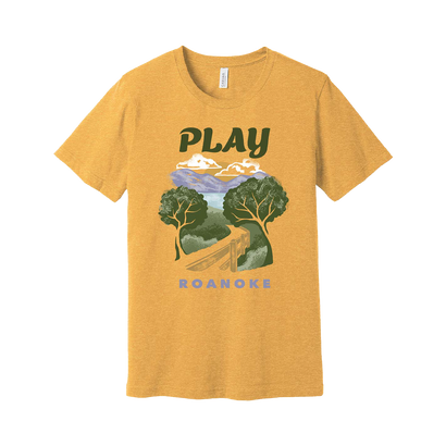 Play Roanoke Trees Graphic on a Mustard T-Shirt