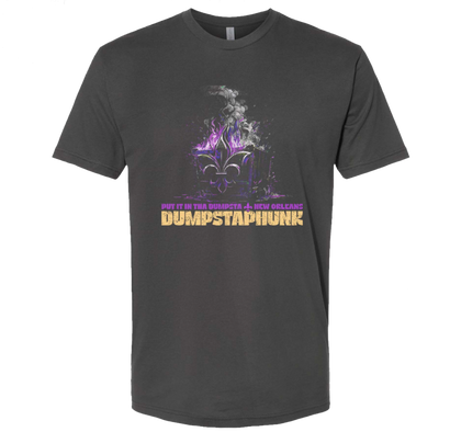 Gray Dumpstafire t-shirt featuring a mystical purple flame design with smoke effects and gradient text graphics on a comfortable Next Level 3600 cotton tee, perfect for casual wear and making a unique style statement.