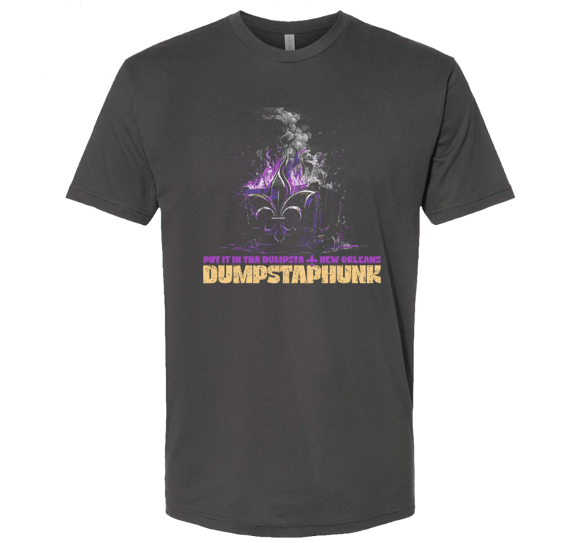 Gray Dumpstafire t-shirt featuring a mystical purple flame design with smoke effects and gradient text graphics on a comfortable Next Level 3600 cotton tee, perfect for casual wear and making a unique style statement.
