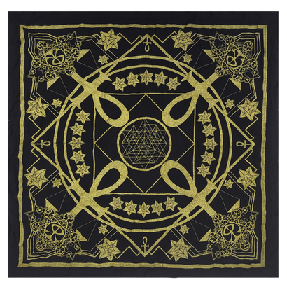 Gold and black cotton bandana featuring intricate geometric pattern with stars, circles, and ornate designs. Square 18-inch accessory with mystical, symmetrical artwork centered around a complex mandala-like shape.