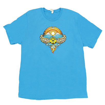 Light blue t-shirt featuring colorful mountain sunrise design with wings and peace symbol. Stylized graphic combines nature and spiritual elements in vibrant yellow, orange, and blue hues.