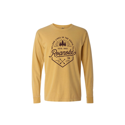 Mustard long sleeve t-shirt with Roanoke VA outdoor-themed graphic featuring mountains, text 