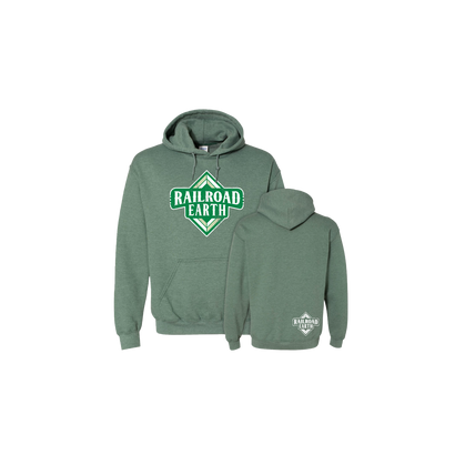 Heather green hooded sweatshirt featuring Railroad Earth Diamond Logo prominently displayed on front, with smaller logo on back. Classic pullover style with kangaroo pocket and drawstring hood, Diamond Hoodie in comfortable heavy blend material.