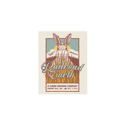 2020 RRE B Chord Event screen printed poster featuring a retro-style design with a masked rabbit peeking through wheat stalks, set against a turquoise and cream background, with Railroad Earth text and B Chord Brewing Company venue details