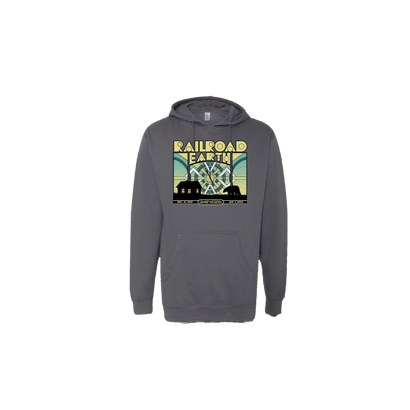 NYE 2021 Fillmore Hoodie in charcoal gray featuring art deco Railroad Earth logo with farmstead silhouette in pastel blue and yellow. Front kangaroo pocket and pullover design showcasing vintage-inspired concert artwork for the Fillmore Colorado show.