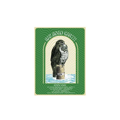 2022 RRE Spring Tour Poster featuring a detailed black and white hawk illustration perched on a wooden post against a green checkered background with an arched frame design. Tour dates listed below in vintage-style typography.