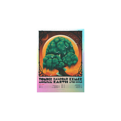 RRE 2023 Fall Tour Poster Foil featuring a lush green willow tree against an orange sunset sky with crescent moon. White birds soar through the scene. Art deco-style border frames the image, with tour dates and band information listed below in vintage typography on a gradient background.