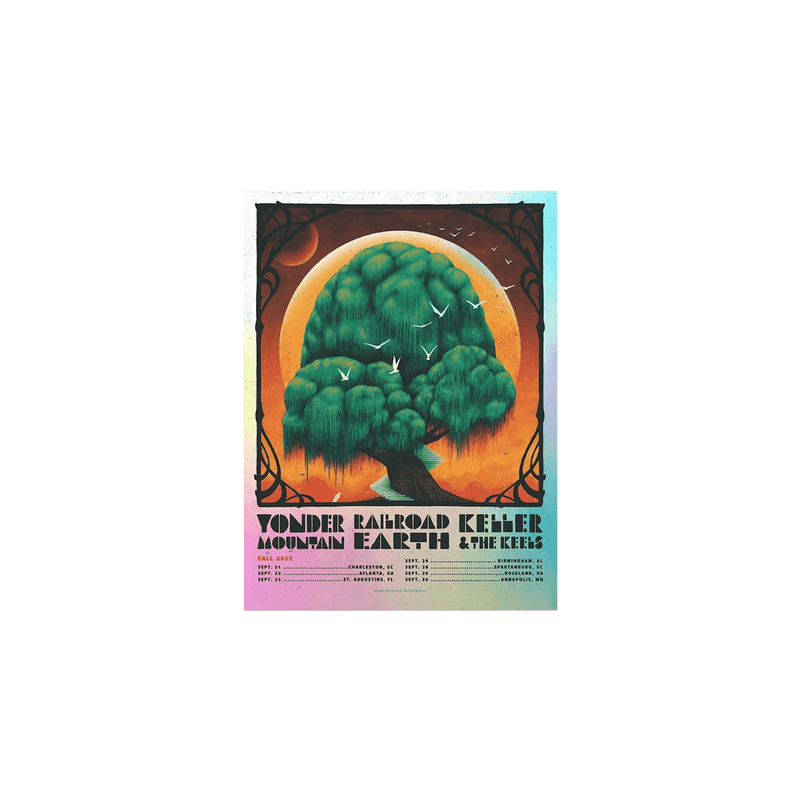 RRE 2023 Fall Tour Poster Foil featuring a lush green willow tree against an orange sunset sky with crescent moon. White birds soar through the scene. Art deco-style border frames the image, with tour dates and band information listed below in vintage typography on a gradient background.