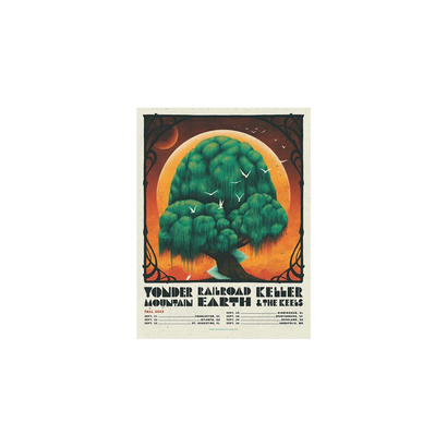 RRE Fall Tour Poster 2023 featuring a vibrant illustration of a large green willow tree against an orange sunset sky with crescent moon. White birds soar around the tree while tour dates and band names appear below in vintage-style typography, all set within an ornate border design.