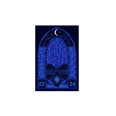 RRE NYE 2023 Poster featuring a gothic-style stained glass window design in vibrant blue hues against black background, showcasing a mystical tree with intricate branches, crescent moon, and decorative text frames displaying Railroad Earth and New Year 2023-24