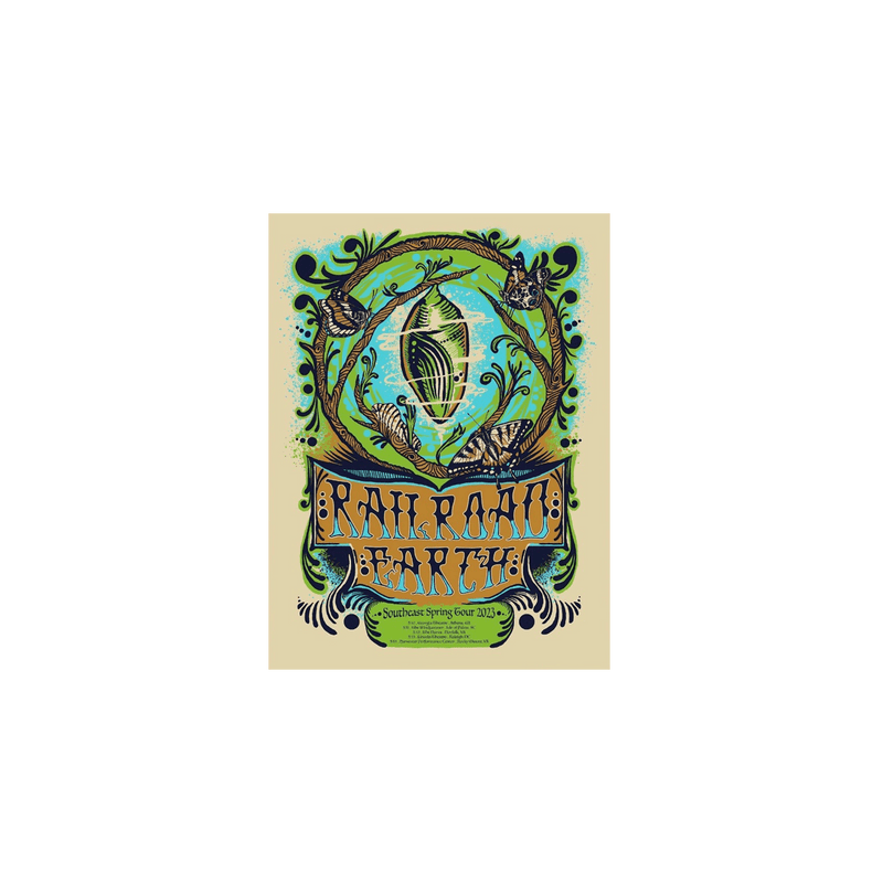 2023 RRE Southeast Spring Tour Poster featuring ornate Art Nouveau design with intertwining vines and leaves in vibrant greens and blues, centered around a stylized birdhouse motif. Limited edition screenprint with decorative band displaying band name in vintage-inspired lettering on cream background.