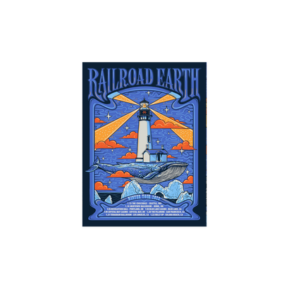 2023 RRE Winter Tour Poster featuring a vintage-style illustration of a lighthouse with beaming rays against an orange sunset sky, with a whale breaching through blue waters surrounded by icebergs, all framed in a decorative blue border with art nouveau-inspired lettering and tour dates.