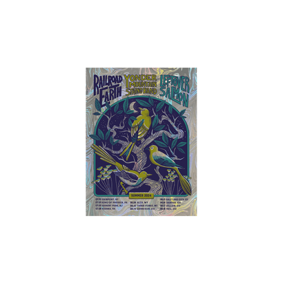 RRE Summer Tour Poster 2024, Foil Edition featuring three yellow birds perched in a stylized blue tree against a shimmering foil background. Art showcases Gothic-inspired arch design with tour dates and band details in metallic blue and green tones.