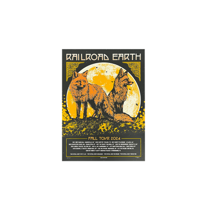 RRE 2024 Fall Tour Poster featuring two majestic foxes standing against a luminous golden moon on black background. Artistic design shows detailed fox silhouettes surrounded by scattered golden foliage, with tour dates listed below in white text.