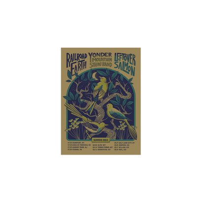 RRE Summer Tour Poster 2024, Regular Edition featuring three yellow birds perched among swirling blue leaves in an art nouveau-style arch design. Tour dates and band information displayed on tan background, with Railroad Earth and Leftover Salmon band names in decorative lettering.