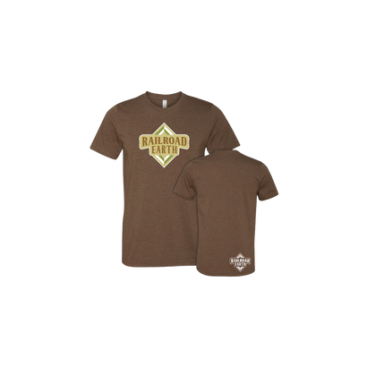 Diamond Tee in Heather Brown featuring Railroad Earth diamond logo printed in yellow and white on chest, with small RRE logo on lower back. Stylish triblend t-shirt with classic crew neck design displayed on white background.