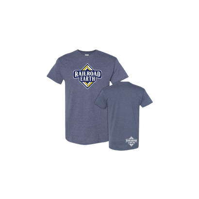 Diamond Tee in heather navy, featuring the Railroad Earth diamond logo prominently displayed on front chest and side hip in white. Classic crew neck t-shirt design with short sleeves and comfortable cotton fabric.