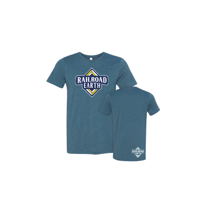 Diamond Tee in heather deep teal featuring Railroad Earth diamond logo on front and small logo on back. Bella + Canvas tri-blend t-shirt shown laid flat against white background displaying front and back views of the stylish casual wear.