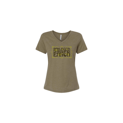 RRE Women's Fern V-Neck t-shirt in heather olive featuring a relaxed fit design with vintage-style graphic print. Short-sleeved casual top made from soft cotton-polyester blend fabric with side seams and tear-away label for comfort.