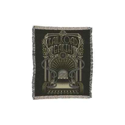 Halls of Time Throw Blanket featuring an Art Nouveau-inspired design with intricate green archways and decorative elements forming a tunnel perspective, set against a dark background with fringed edges. The vintage-style Railroad Earth logo crowns the architectural illustration.