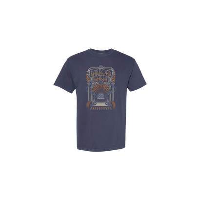 Halls of Time Unisex Tee in navy blue featuring an ornate art nouveau-style archway design in copper and gray tones. The graphic displays decorative scroll work and architectural elements centered on the chest of a classic crew neck t-shirt.