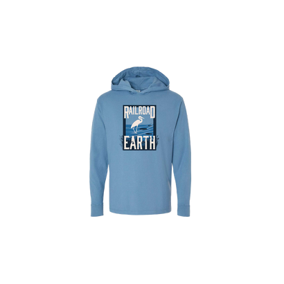 RRE Heron Hooded Long Sleeve in light blue featuring Railroad Earth logo with heron graphic design on front. Casual pullover hoodie with relaxed fit and garment-dyed finish.