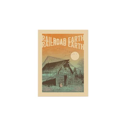 RRE Spring 2023 Poster featuring vintage-style illustration of rustic barn under full moon with double-exposed Railroad Earth text in orange against teal and beige background, creating atmospheric rural nighttime scene