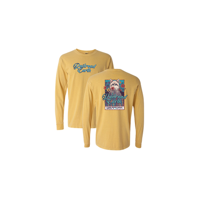 May 2021 B-Chord Long Sleeve shirt in mustard yellow featuring Railroad Earth logo on front and colorful show graphic on back with red, white, and blue design elements. Classic fit cotton shirt with long sleeves and crew neck.