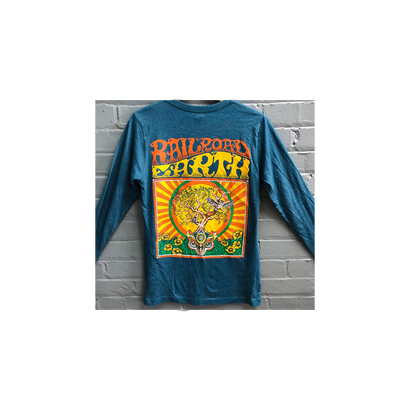 Long Sleeve Owl Tee featuring a psychedelic retro design with vibrant orange and yellow sunburst pattern, stylized owl motif and decorative tree artwork against a teal blue cotton backdrop. The shirt displays vintage-inspired typography in a 70s folk art style.