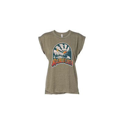 River Women's Tee in Heather Olive featuring a retro-style mountain landscape graphic with sunset rays and Railroad Earth logo. The muscle tee showcases rolled cuffs and a hi-low hem design in a soft heather olive fabric.