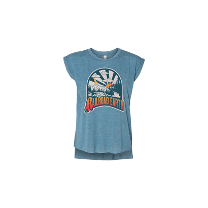 River Women's Tee in Heath Deep Teal featuring a retro-style mountain and river scene graphic with orange gradient text. The sleeveless muscle tee has a rolled cuff design and hi-low raw hem in a heathered teal fabric.