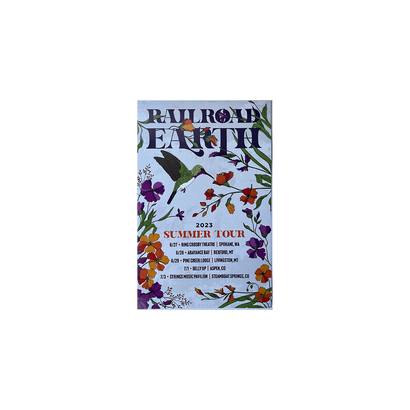 2023 RRE Summer Tour Poster featuring vibrant floral design with hummingbird illustration surrounded by purple and orange flowers, green foliage, and tour dates on white background in artistic typography