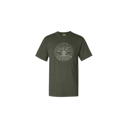 RRE Tree Tee in Sage featuring a circular tree design with intricate root system motif printed in light gray on a forest green comfort colors t-shirt. Casual crew neck style with short sleeves and relaxed fit.