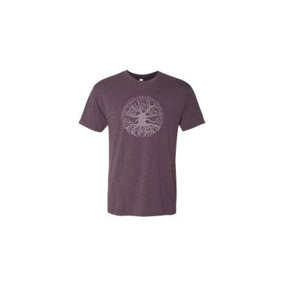 RRE Tree Tee in Vintage Purple featuring a circular tree of life design printed in light gray on a soft heathered purple t-shirt. The stylized tree graphic shows intricate branches and roots forming a complete circle on the chest of the casual unisex tee.