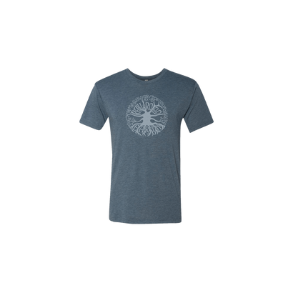 RRE Tree Tee in Vintage Navy featuring a circular tree logo design with intricate root patterns printed in light gray on a soft heathered navy blue t-shirt with a classic crew neck and short sleeves