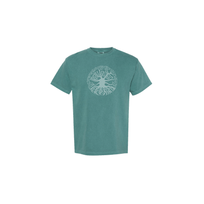 RRE Tree Tee in emerald green featuring a circular tree of life design in white. Short-sleeve cotton t-shirt with crew neck displays a detailed tree illustration with intricate root system pattern centered on the chest.