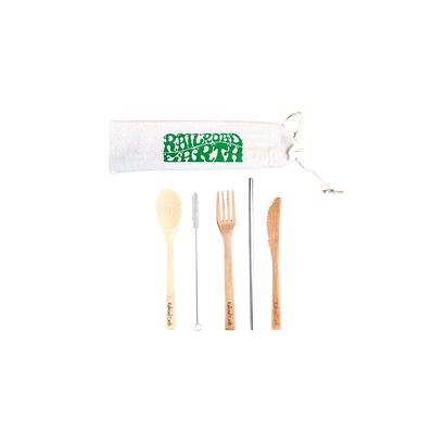 Bamboo branded Raiload Earth Utensil set with metal straw and wire brush. Canvas logo printed bag positioned above the utensils.