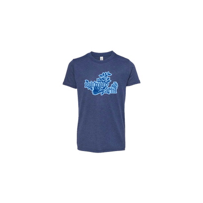 Railroad Earth Youth Tee in navy blue featuring a light blue monochromatic logo graphic centered on the front of the triblend fabric t-shirt against a plain navy background