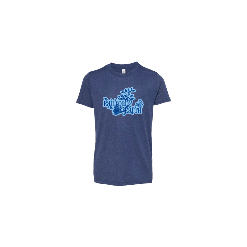 Railroad Earth Youth Tee in navy blue featuring a light blue monochromatic logo graphic centered on the front of the triblend fabric t-shirt against a plain navy background