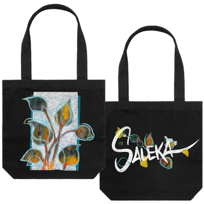 Saleka two sided floral design screen printed on a black tote