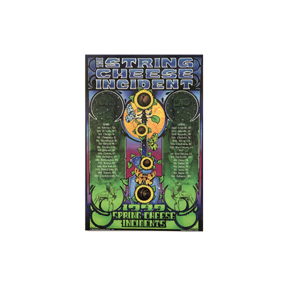 1999 Spring Cheese Incidents concert poster featuring art nouveau design with central vertical sunflower motif, blue band name at top, tour dates in gothic arches, and green bottom section. Psychedelic color scheme in blue, yellow, green, and purple.