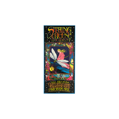 2000 Camp Verde, AZ Poster featuring psychedelic art by Bob Masse with a fairy-like figure with dragonfly wings soaring over a mystical landscape, decorated with colorful characters and starry details for The String Cheese Incident concert at Cliff Castle Casino Amphitheater.